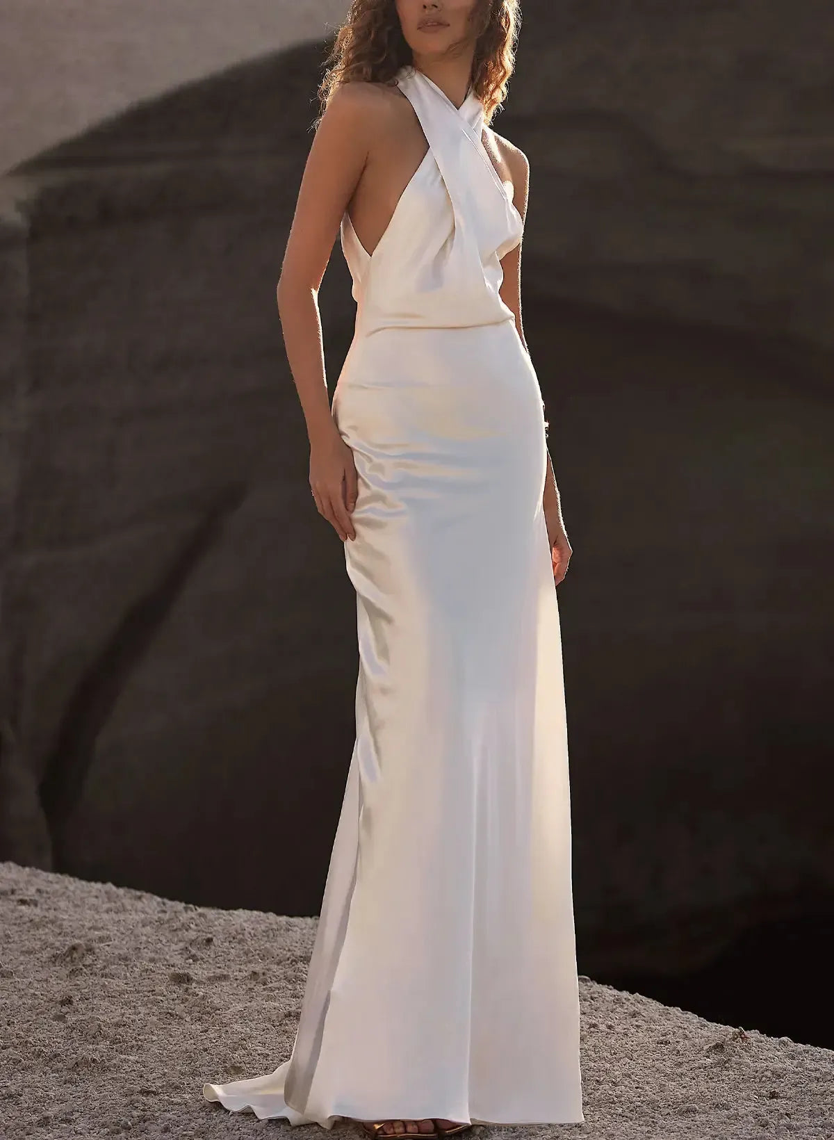 A Line Halter Sleeveless Sweep Train Silk Like Satin Bride Wedding Dress Swd13135