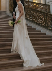 Ball Gown Plunge Neck Sleeveless Chapel Train Crepe Satin Bride Wedding Dress Swd13137