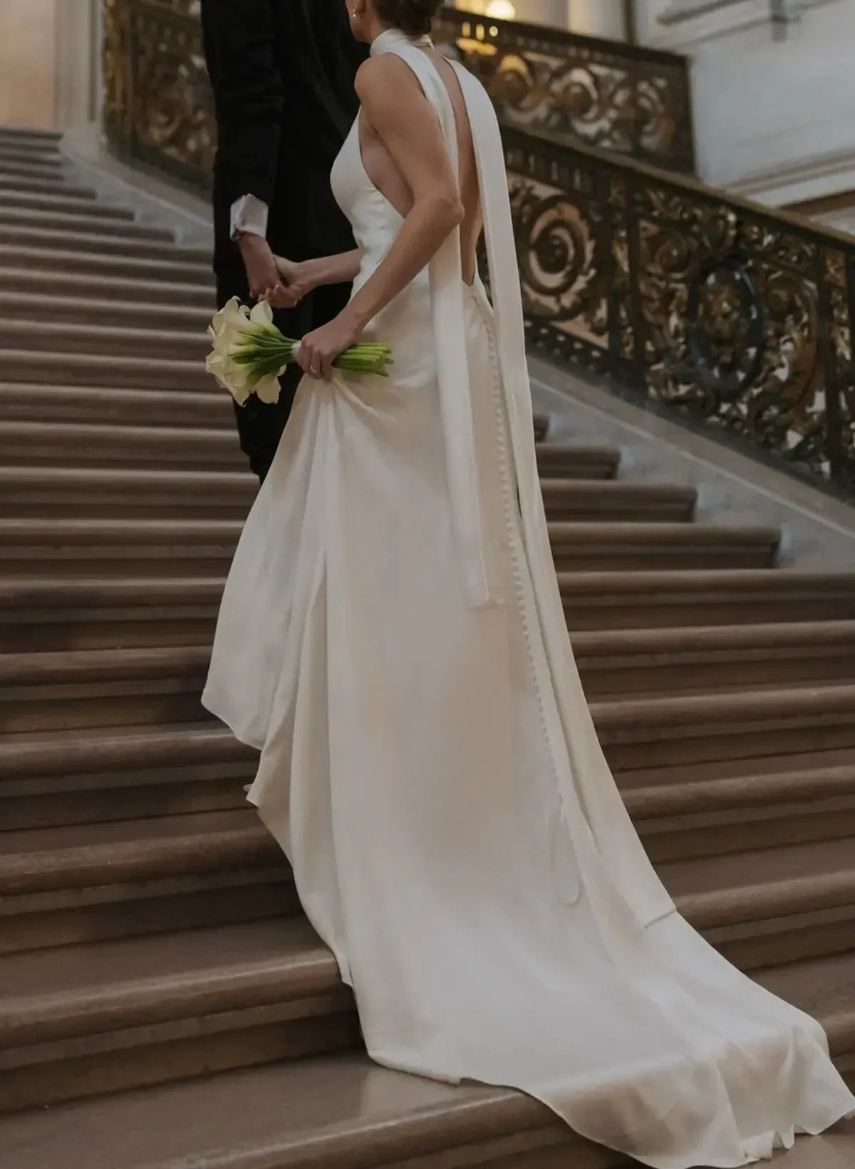 Ball Gown Plunge Neck Sleeveless Chapel Train Crepe Satin Bride Wedding Dress Swd13137