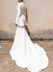 Trumpet Mermaid Plunge Neck Long Sleeves Court Train Elastic Satin Bride Wedding Dress Swd13141