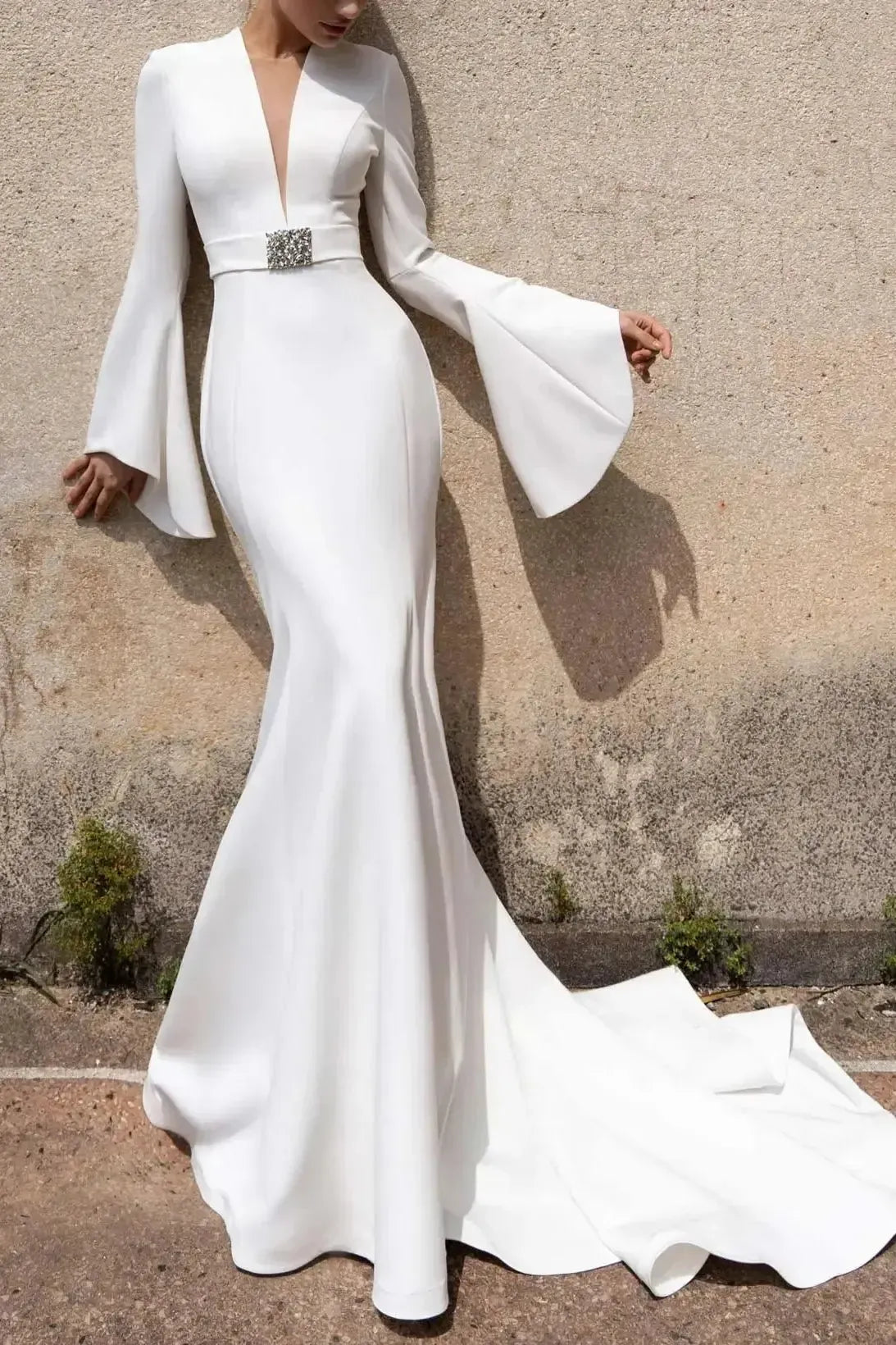 Trumpet Mermaid Plunge Neck Long Sleeves Court Train Elastic Satin Bride Wedding Dress Swd13141