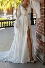 A Line Plunge Neck Long Sleeves Chapel Train Chiffon Lace With Pockets High Split Bride Wedding Dress Swd13144