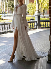A Line Plunge Neck Long Sleeves Chapel Train Chiffon Lace With Pockets High Split Bride Wedding Dress Swd13144