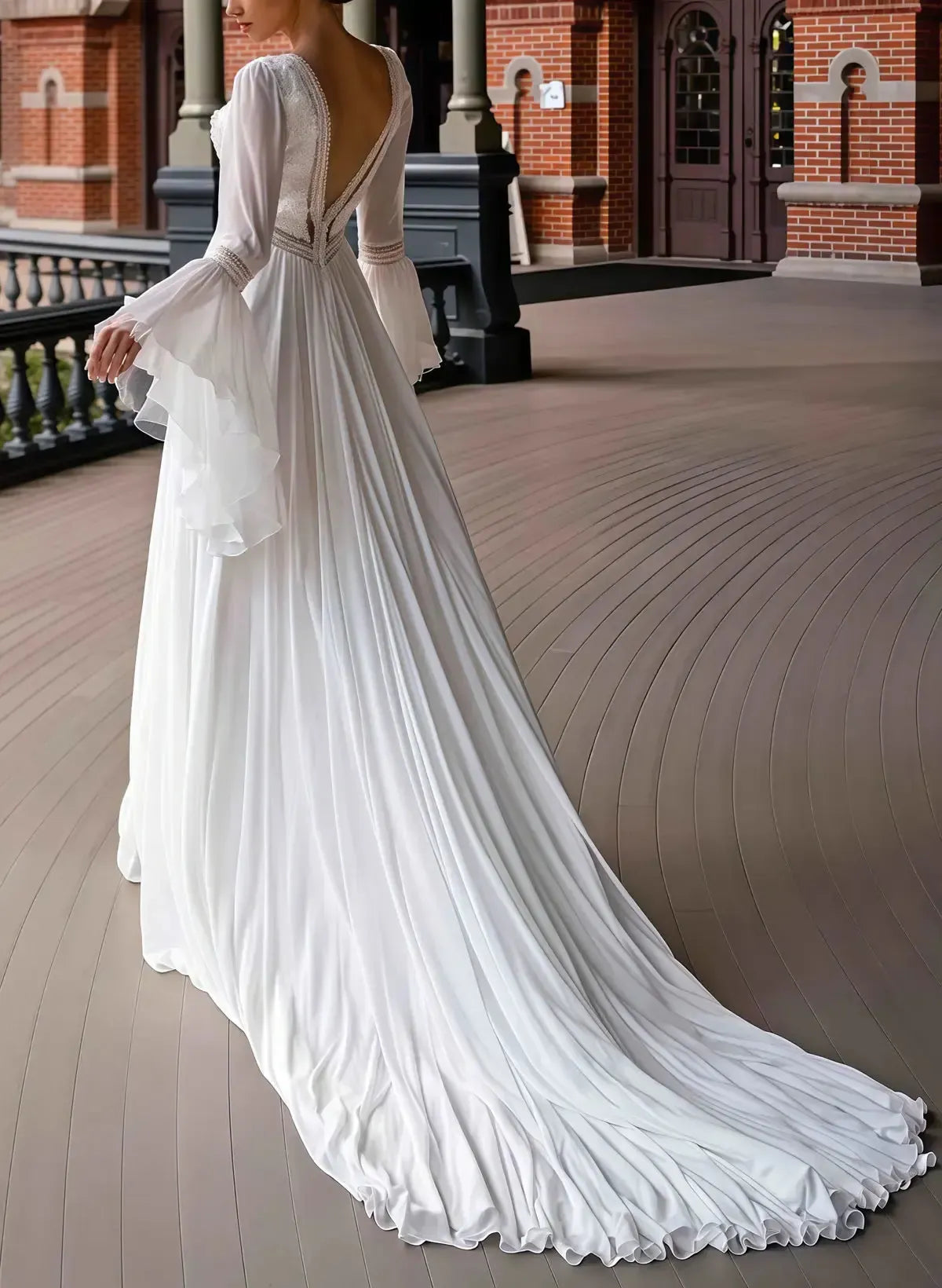 A Line Plunge Neck Long Sleeves Chapel Train Chiffon Lace With Pockets High Split Bride Wedding Dress Swd13144