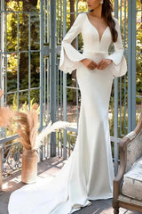Trumpet Mermaid Plunge Neck Long Sleeves Chapel Train Elastic Satin With Lace Bride Wedding Dress Swd13145