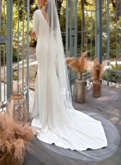 Trumpet Mermaid Plunge Neck Long Sleeves Chapel Train Elastic Satin With Lace Bride Wedding Dress Swd13145