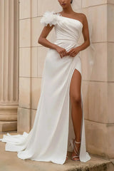 A Line One Shoulder Sleeveless Chapel Train Elastic Satin With High Split Bride Wedding Dress Swd13146