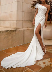 A Line One Shoulder Sleeveless Chapel Train Elastic Satin With High Split Bride Wedding Dress Swd13146
