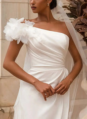 A Line One Shoulder Sleeveless Chapel Train Elastic Satin With High Split Bride Wedding Dress Swd13146
