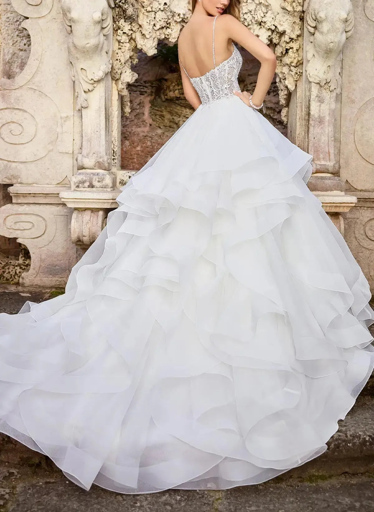 Ball Gown V Neck Sleeveless Chapel Train Satin Organza With Appliques Bride Wedding Dress Swd13148