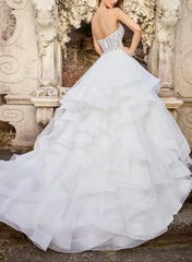 Ball Gown V Neck Sleeveless Chapel Train Satin Organza With Appliques Bride Wedding Dress Swd13148