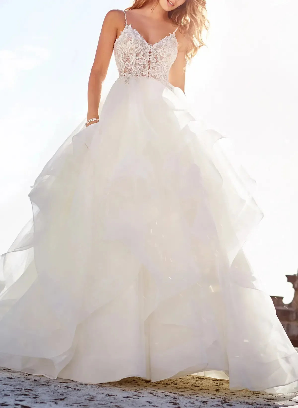 Ball Gown V Neck Sleeveless Chapel Train Satin Organza With Appliques Bride Wedding Dress Swd13148