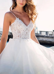 Ball Gown V Neck Sleeveless Chapel Train Satin Organza With Appliques Bride Wedding Dress Swd13148