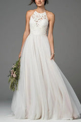 A Line Halter Sleeveless Sweep Train Lacetulle Charmeuse With Pockets Bride Wedding Dress Swd13149