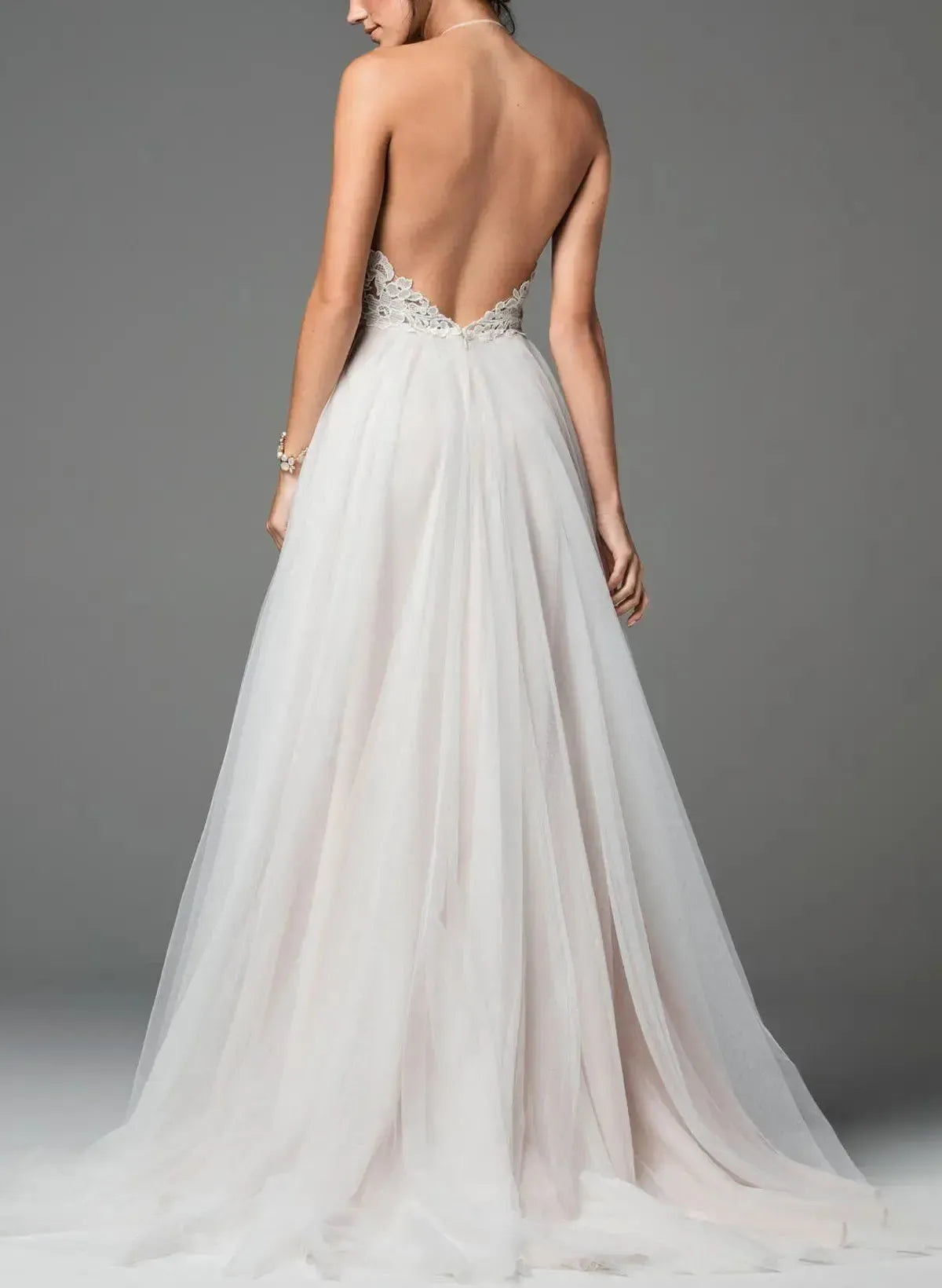 A Line Halter Sleeveless Sweep Train Lacetulle Charmeuse With Pockets Bride Wedding Dress Swd13149