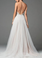 A Line Halter Sleeveless Sweep Train Lacetulle Charmeuse With Pockets Bride Wedding Dress Swd13149