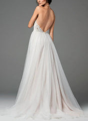 A Line Halter Sleeveless Sweep Train Lacetulle Charmeuse With Pockets Bride Wedding Dress Swd13149