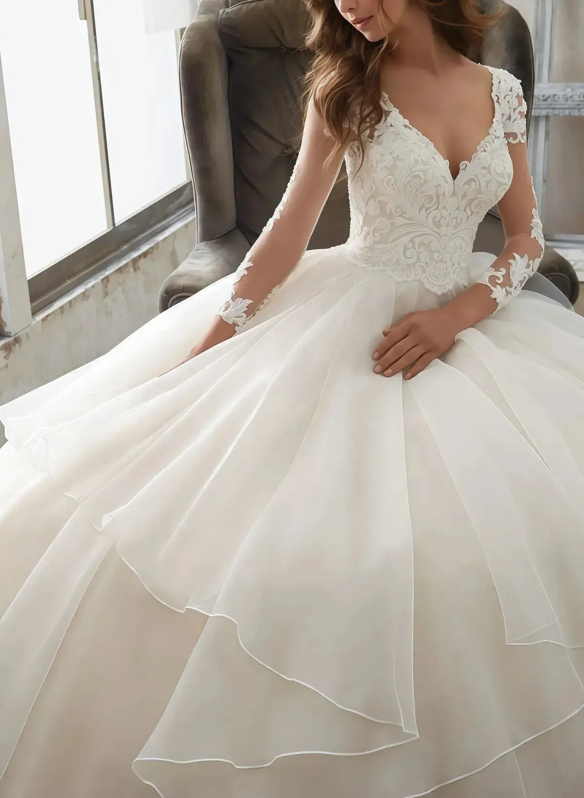 Ball Gown V Neck 3 4 Sleeves Court Train Satin Organza With Appliques Bride Wedding Dress Swd13150