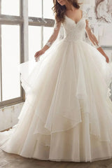 Ball Gown V Neck 3 4 Sleeves Court Train Satin Organza With Appliques Bride Wedding Dress Swd13150