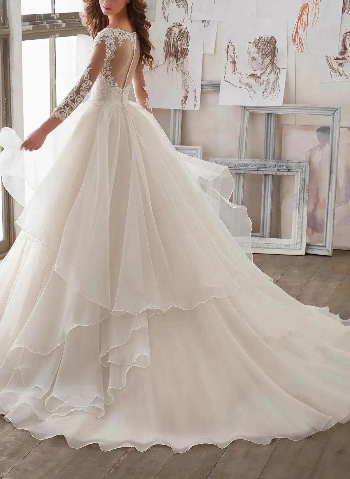 Ball Gown V Neck 3 4 Sleeves Court Train Satin Organza With Appliques Bride Wedding Dress Swd13150
