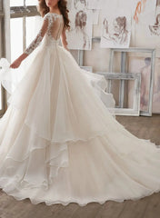 Ball Gown V Neck 3 4 Sleeves Court Train Satin Organza With Appliques Bride Wedding Dress Swd13150