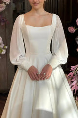 A Line Square Neckline Long Sleeves Floor Length Chiffon Elastic Satin Wedding Dresses Swd13153