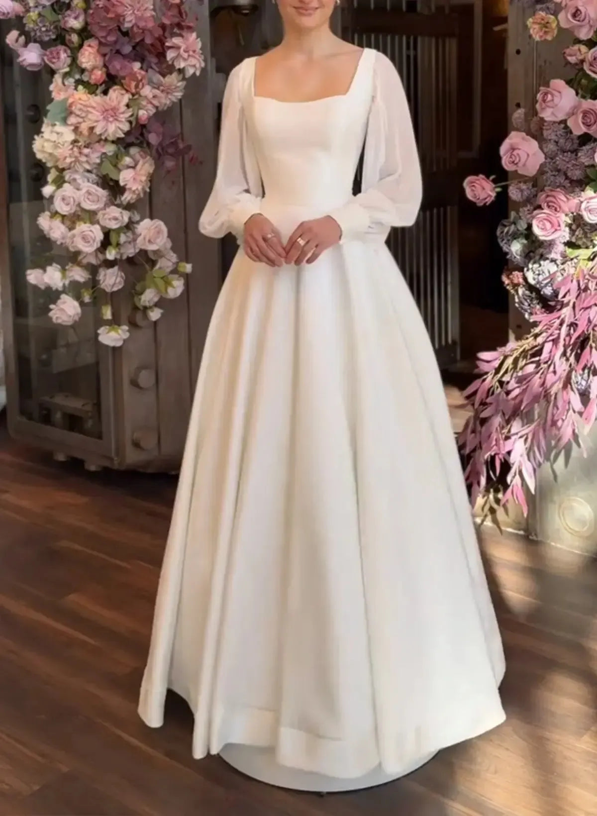 A Line Square Neckline Long Sleeves Floor Length Chiffon Elastic Satin Wedding Dresses Swd13153