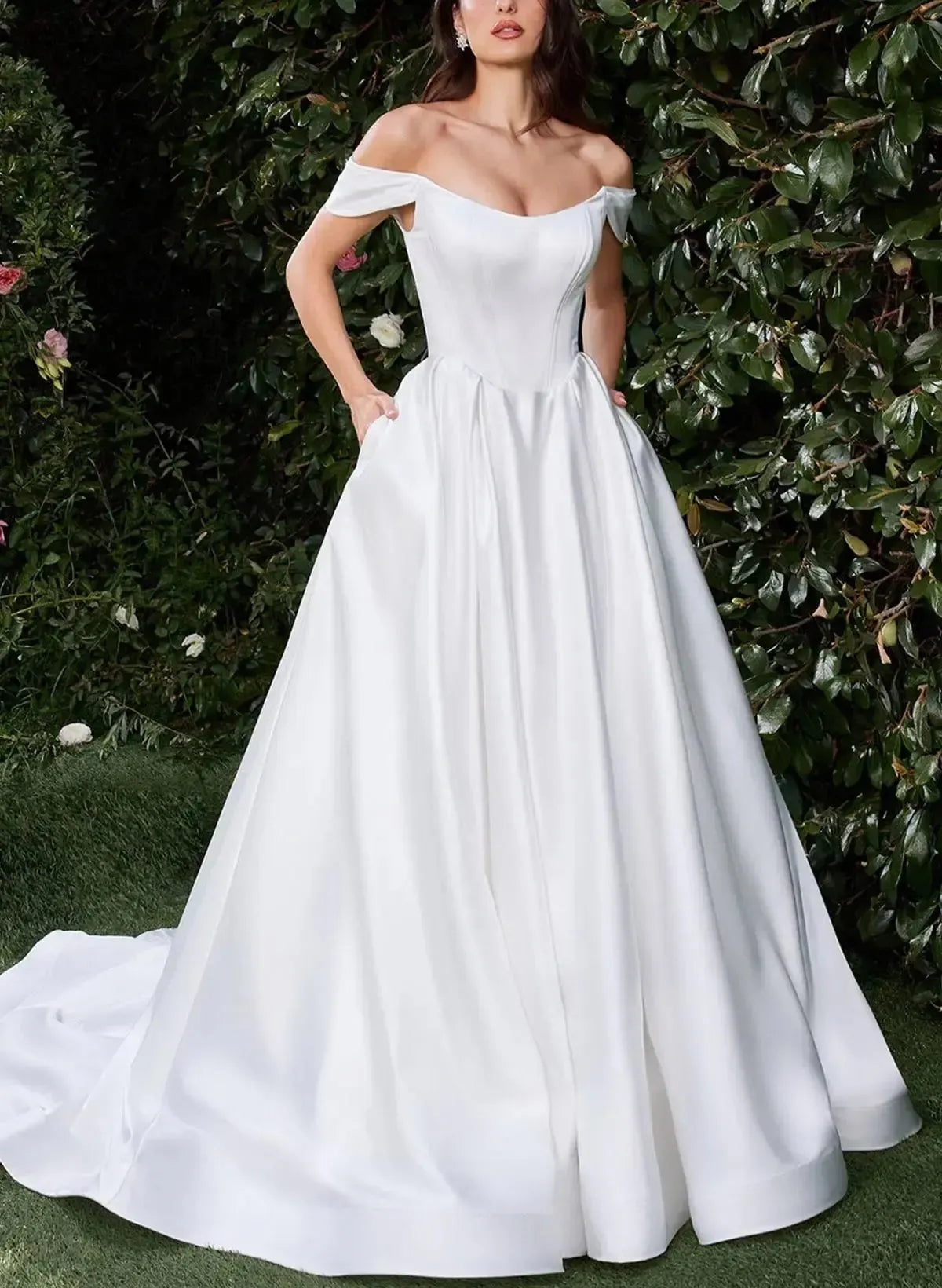 Ball Gown Off The Shoulder Sleeveless Court Train Matte Satin Bride Wedding Dress With Pockets Swd13154