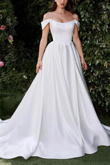Ball Gown Off The Shoulder Sleeveless Court Train Matte Satin Bride Wedding Dress With Pockets Swd13154