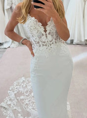 Trumpet Mermaid Plunge Neck Sleeveless Court Train Elastic Satin Wedding Dresses With Appliques Lace Swd13155