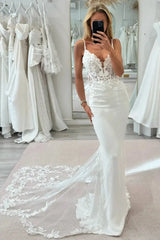 Trumpet Mermaid Plunge Neck Sleeveless Court Train Elastic Satin Wedding Dresses With Appliques Lace Swd13155