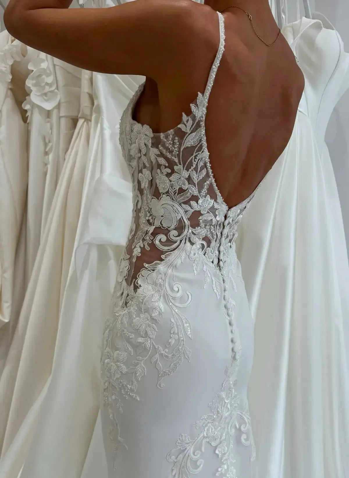 Trumpet Mermaid Plunge Neck Sleeveless Court Train Elastic Satin Wedding Dresses With Appliques Lace Swd13155