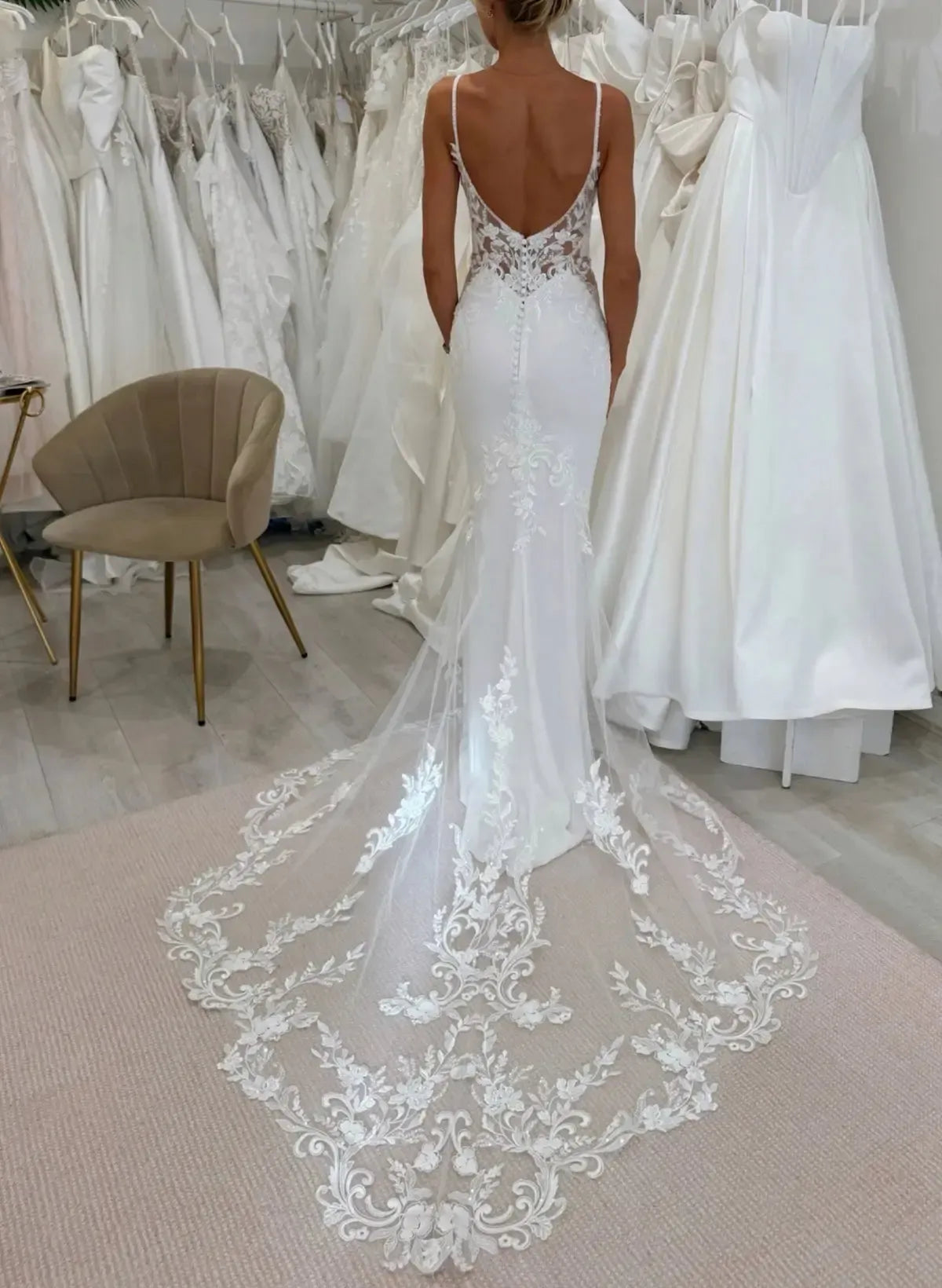 Trumpet Mermaid Plunge Neck Sleeveless Court Train Elastic Satin Wedding Dresses With Appliques Lace Swd13155