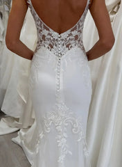 Trumpet Mermaid Plunge Neck Sleeveless Court Train Elastic Satin Wedding Dresses With Appliques Lace Swd13155