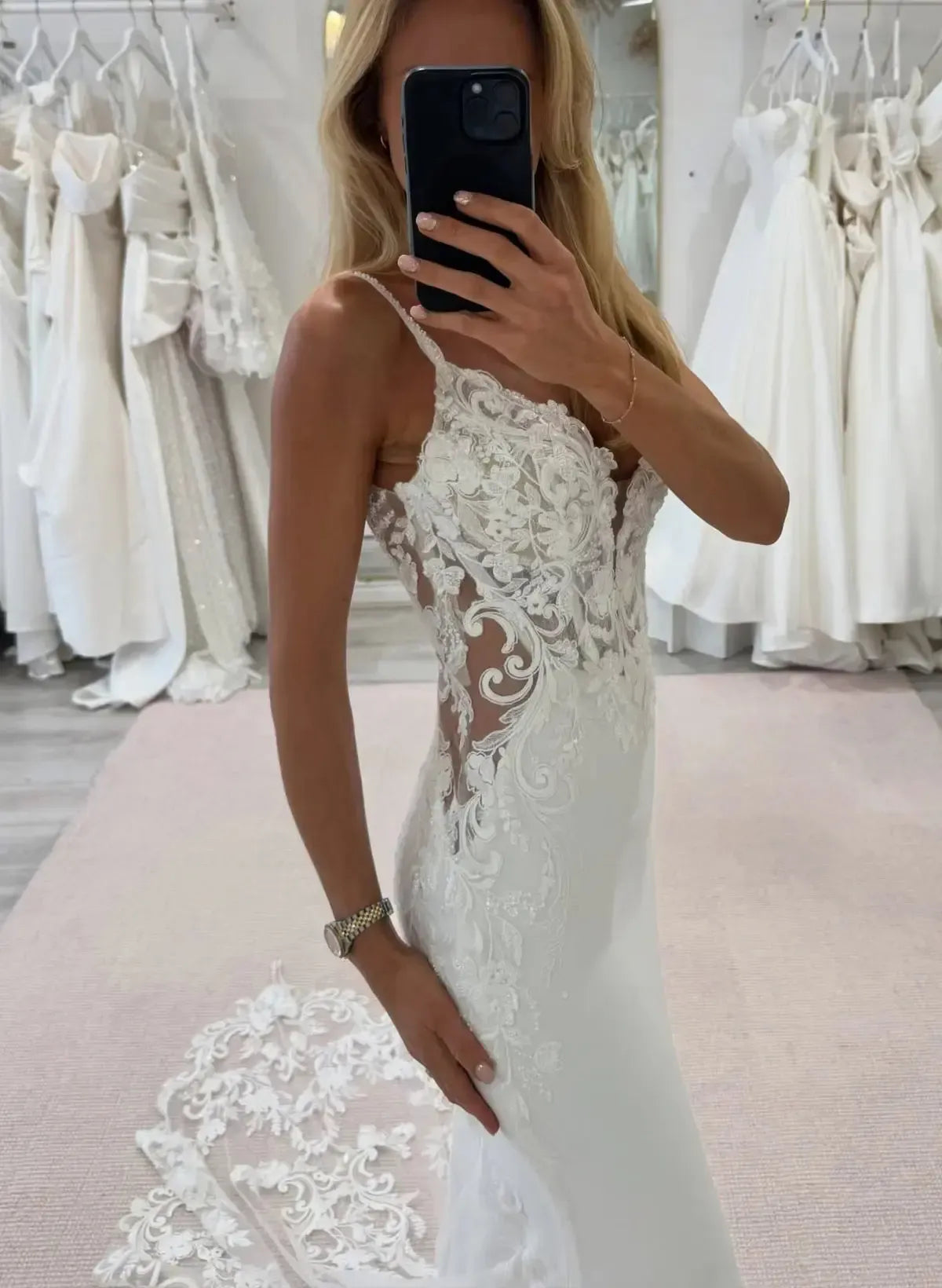 Trumpet Mermaid Plunge Neck Sleeveless Court Train Elastic Satin Wedding Dresses With Appliques Lace Swd13155