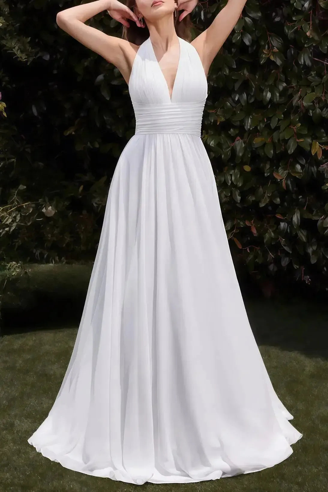 A Line Halter Sleeveless Sweep Train Chiffon With Pockets Bride Wedding Dress Swd13156