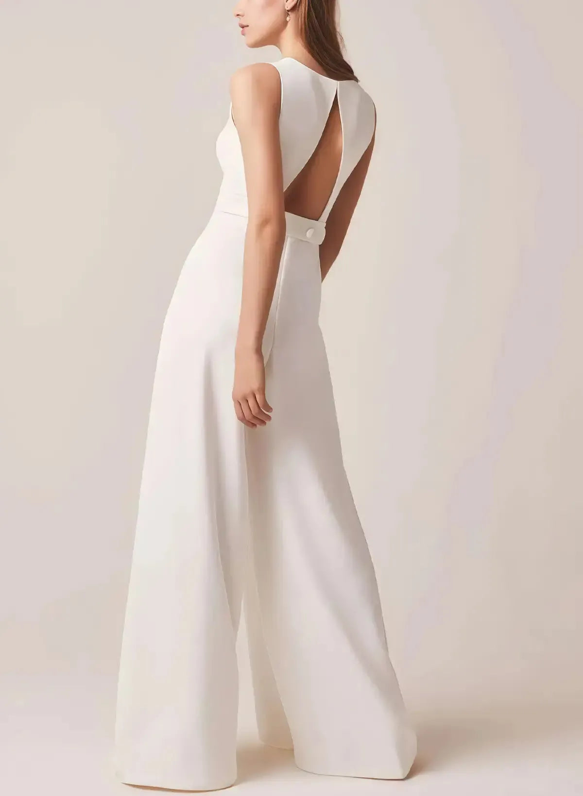 Jumpsuit Pantsuit Scoop Neck Sleeveless Floor Length Italian Satin With Pockets Bride Wedding Dress Swd13165