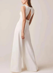 Jumpsuit Pantsuit Scoop Neck Sleeveless Floor Length Italian Satin With Pockets Bride Wedding Dress Swd13165