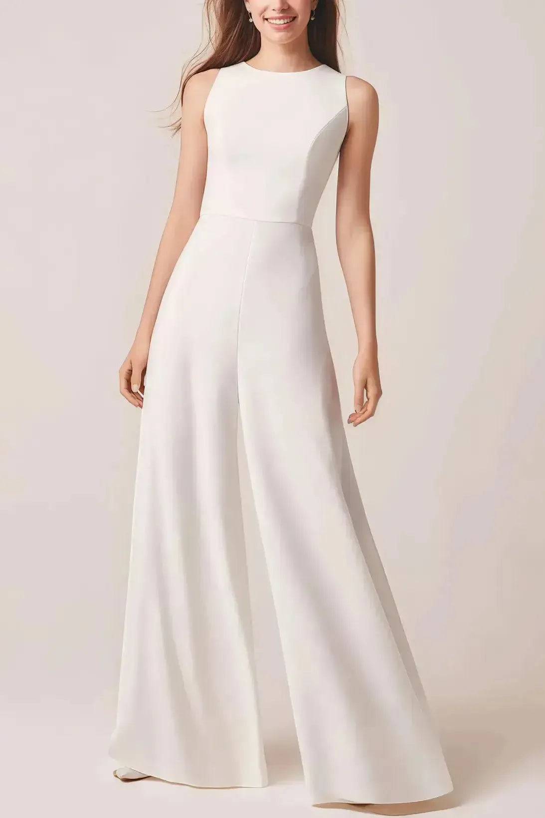 Jumpsuit Pantsuit Scoop Neck Sleeveless Floor Length Italian Satin With Pockets Bride Wedding Dress Swd13165