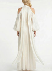 A Line Halter Long Sleeves Floor Length With Pleated Bride Wedding Dress Swd13167