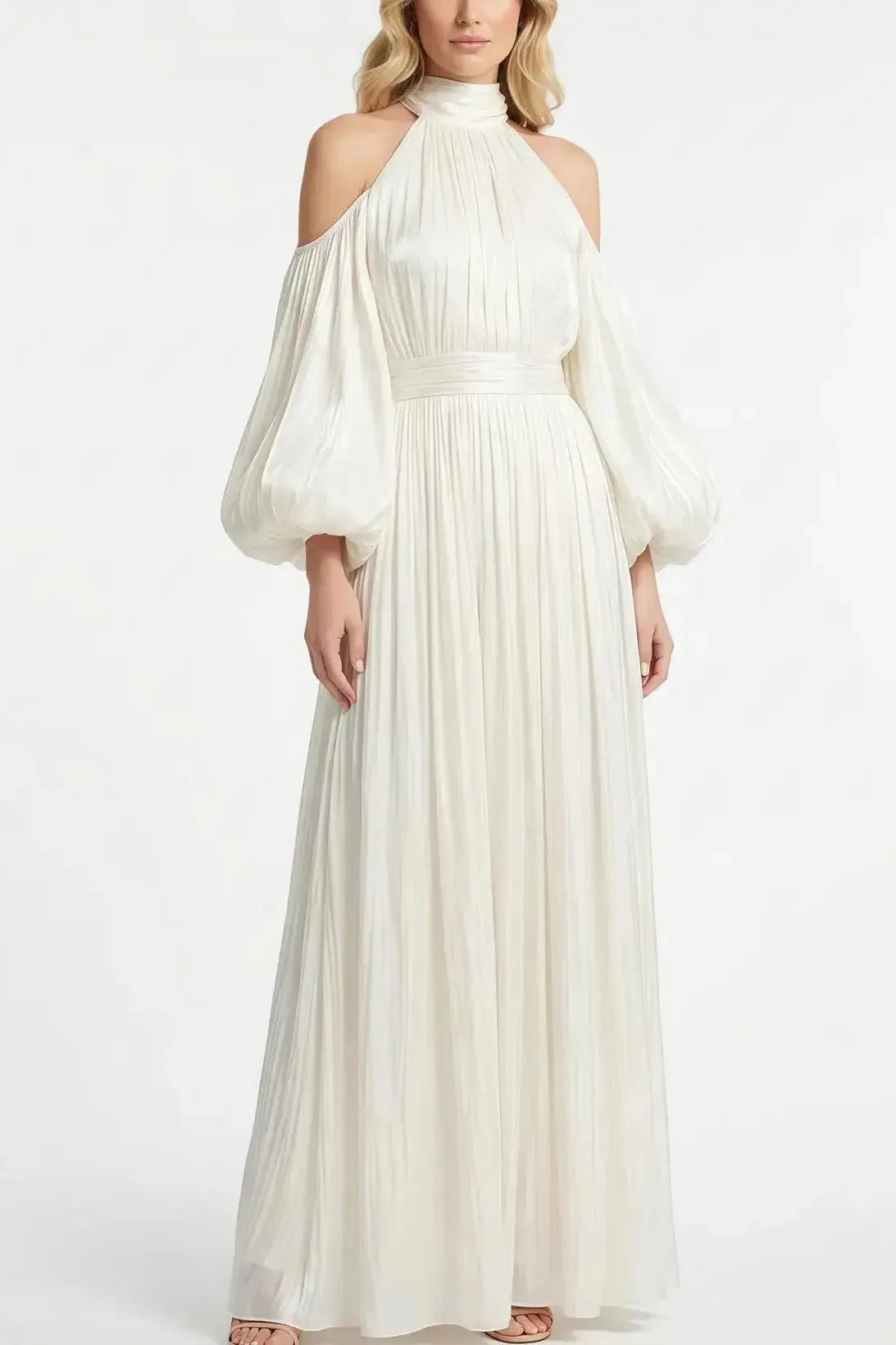 A Line Halter Long Sleeves Floor Length With Pleated Bride Wedding Dress Swd13167