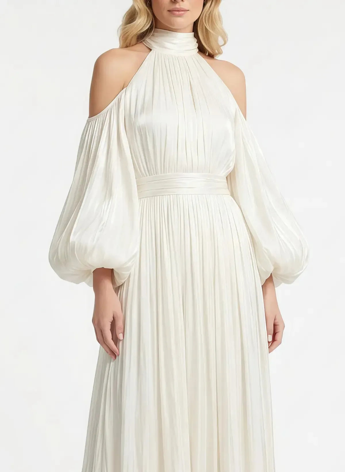 A Line Halter Long Sleeves Floor Length With Pleated Bride Wedding Dress Swd13167