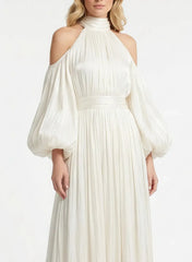 A Line Halter Long Sleeves Floor Length With Pleated Bride Wedding Dress Swd13167