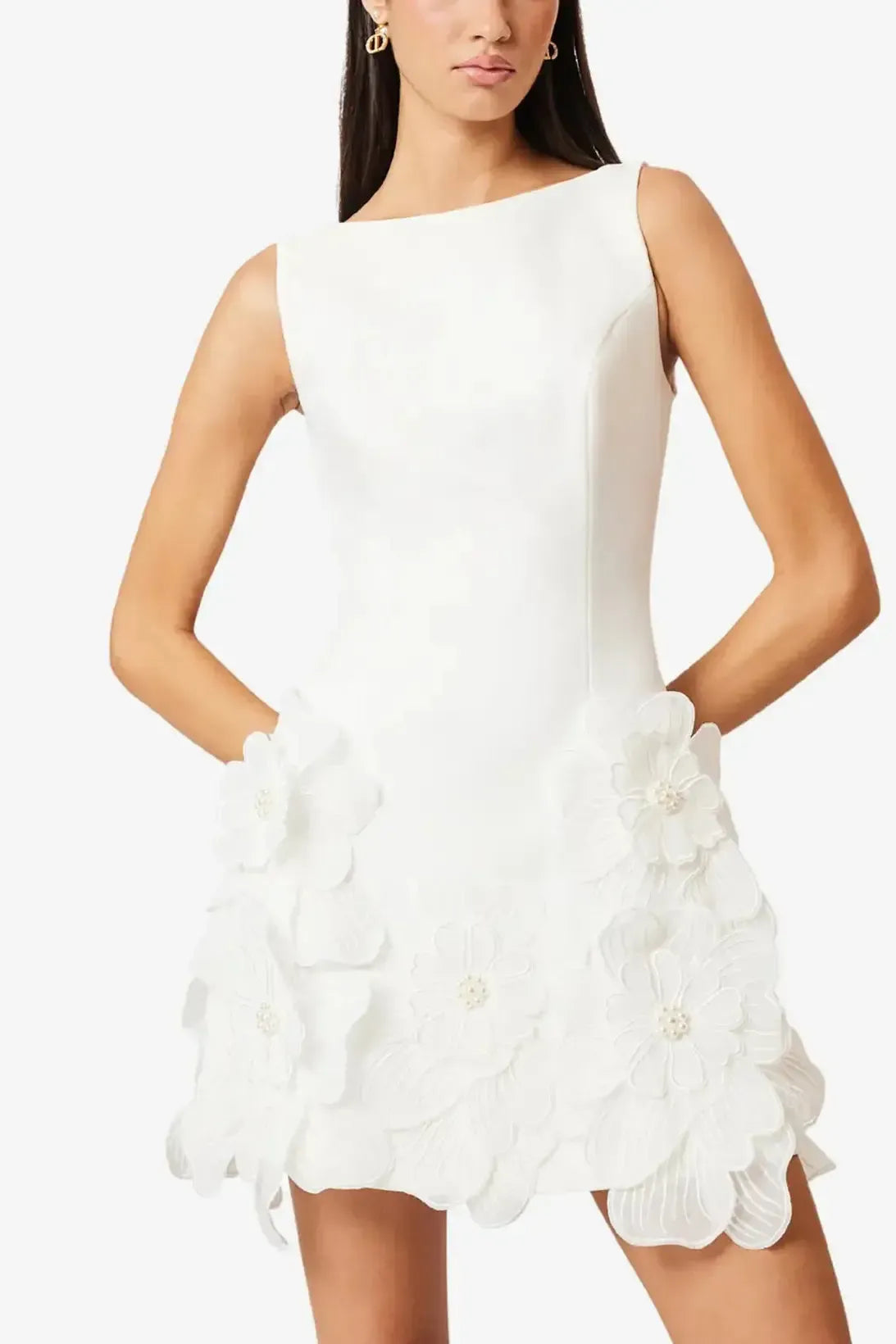 A Line Square Neckline Sleeveless Short Mini Twill Satin With Flower Bride Wedding Dress Swd13170