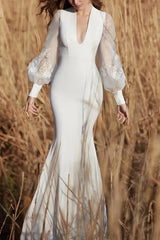 Trumpet Mermaid Plunge Neck Detachable Sleeves Sweep Train Elastic Satin Matte Satin Bride Wedding Dress Swd13172