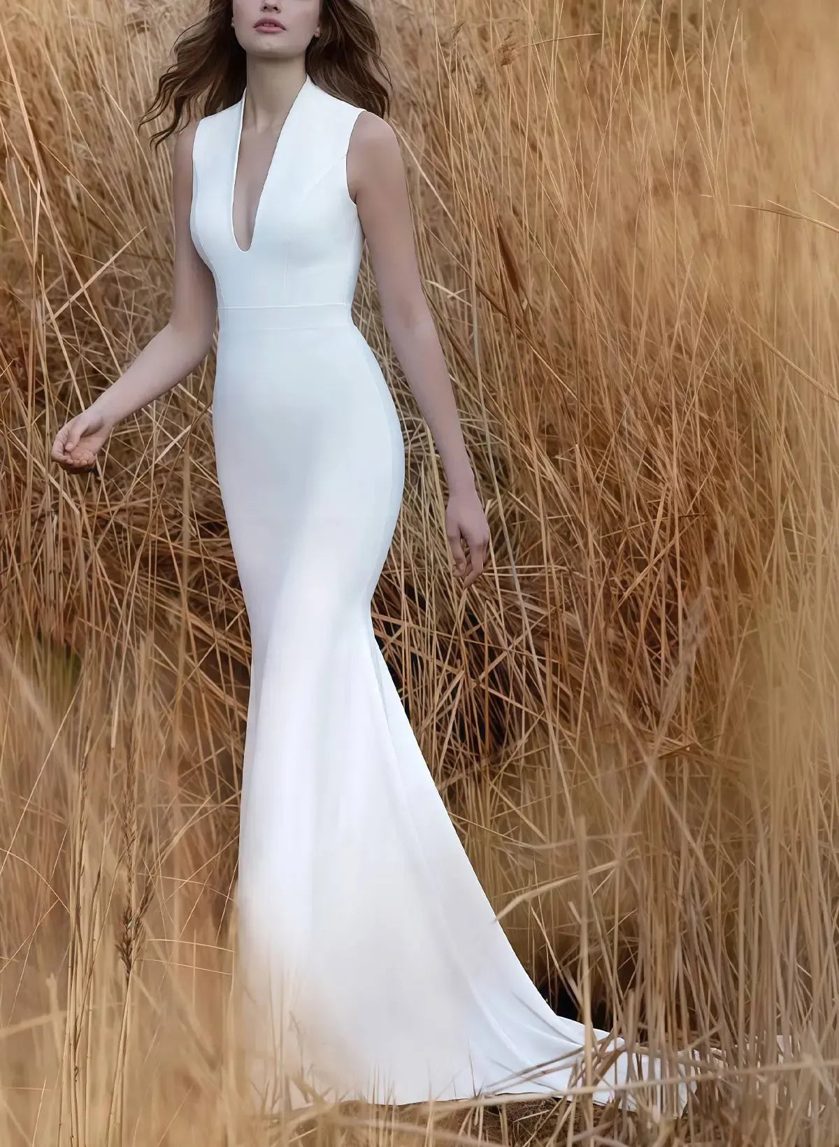 Trumpet Mermaid Plunge Neck Detachable Sleeves Sweep Train Elastic Satin Matte Satin Bride Wedding Dress Swd13172