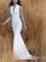 Trumpet Mermaid Plunge Neck Detachable Sleeves Sweep Train Elastic Satin Matte Satin Bride Wedding Dress Swd13172