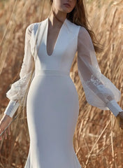 Trumpet Mermaid Plunge Neck Detachable Sleeves Sweep Train Elastic Satin Matte Satin Bride Wedding Dress Swd13172