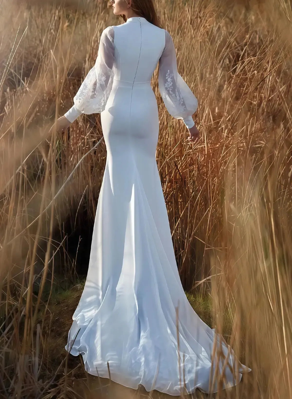 Trumpet Mermaid Plunge Neck Detachable Sleeves Sweep Train Elastic Satin Matte Satin Bride Wedding Dress Swd13172