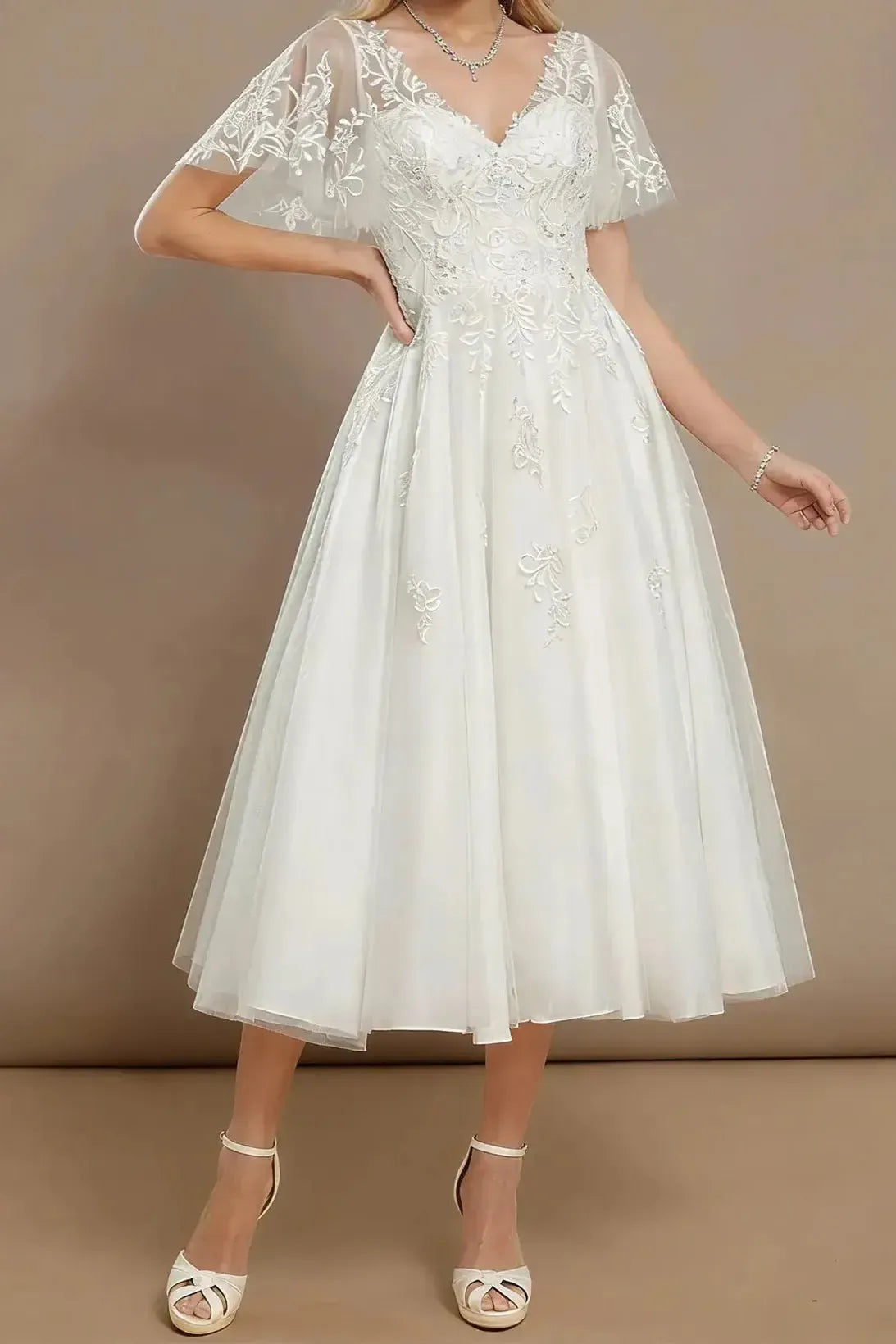 A Line V Neck Short Sleeves Tea Length Satin Wedding Dresses With Appliques Swd13173